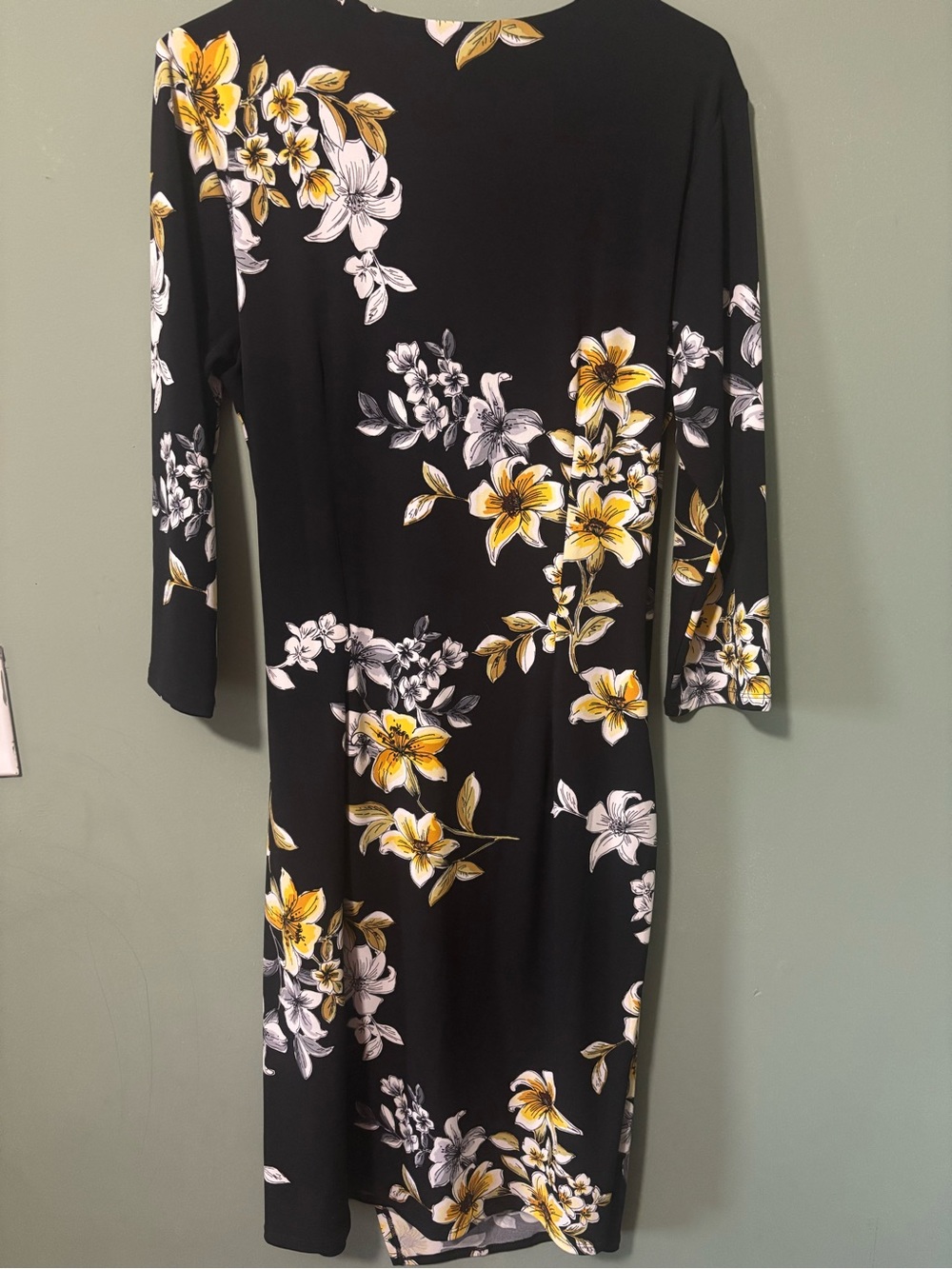 White House Black Market Black Floral Faux-Wrap Midi Dress with Yellow Accents - Picture 4 of 4